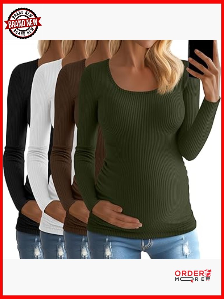 4 Pack Maternity Tops Long Sleeve Ribbed Scoop Neck Tees Side Ruched